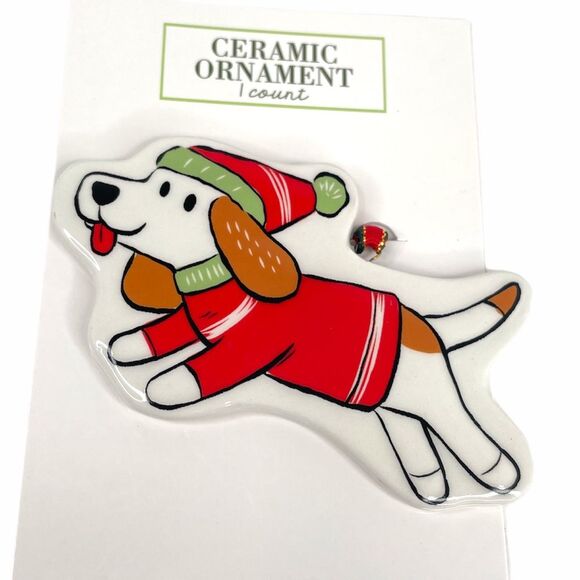 Ceramic Ornament Beagle with Sweater and Santa Hat, White, Red, Green - Picture 3 of 4